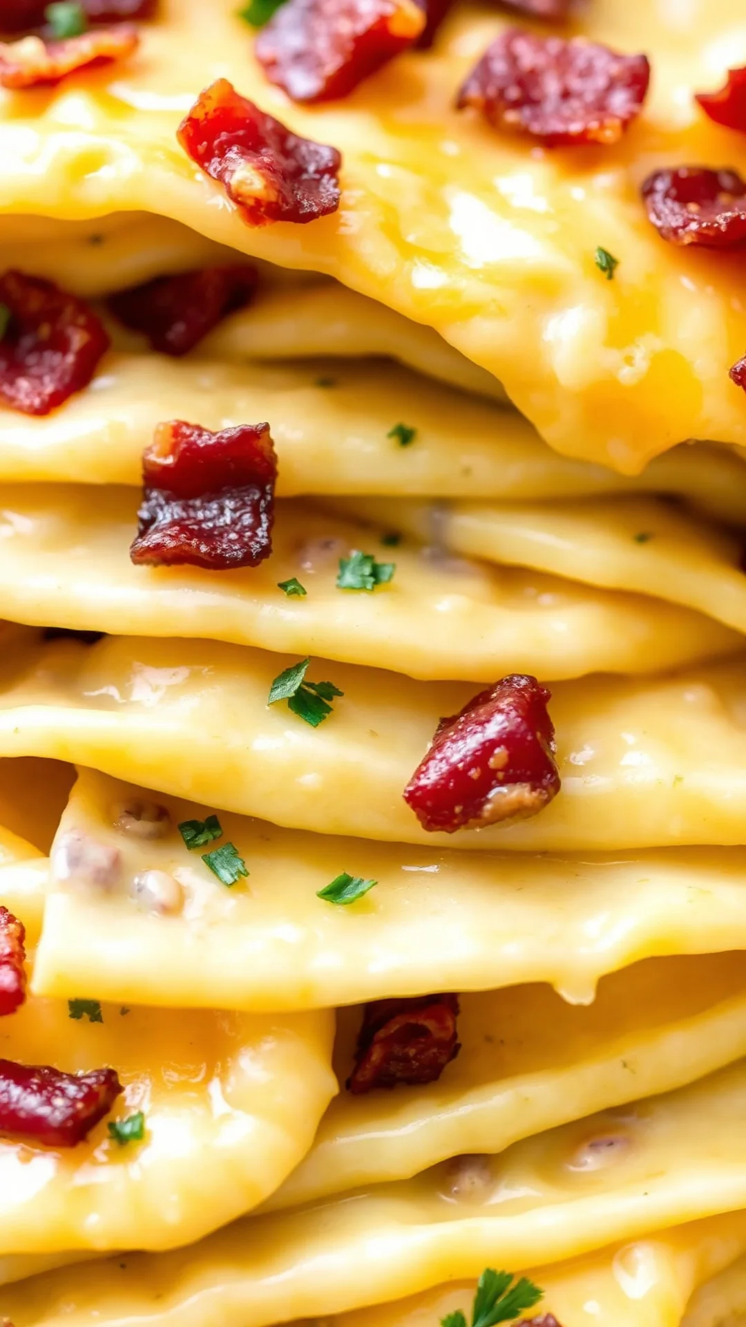 Close-up of creamy tartiflette layers with melted cheddar cheese, crispy bacon pieces, tender potatoes, herb garnish, rich go