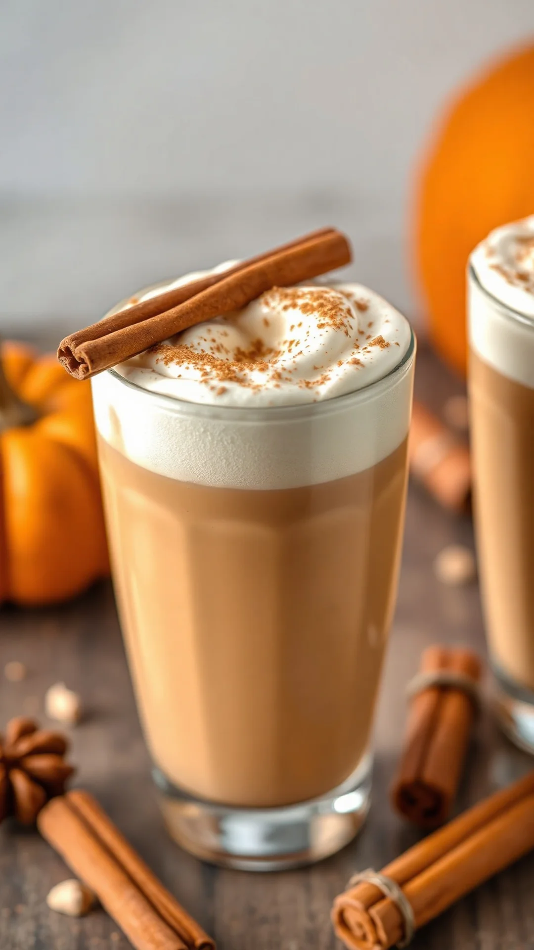 Close-up of creamy vegan pumpkin spice latte with vegan foam topping and cinnamon garnish in tall glass, detailed texture, wa