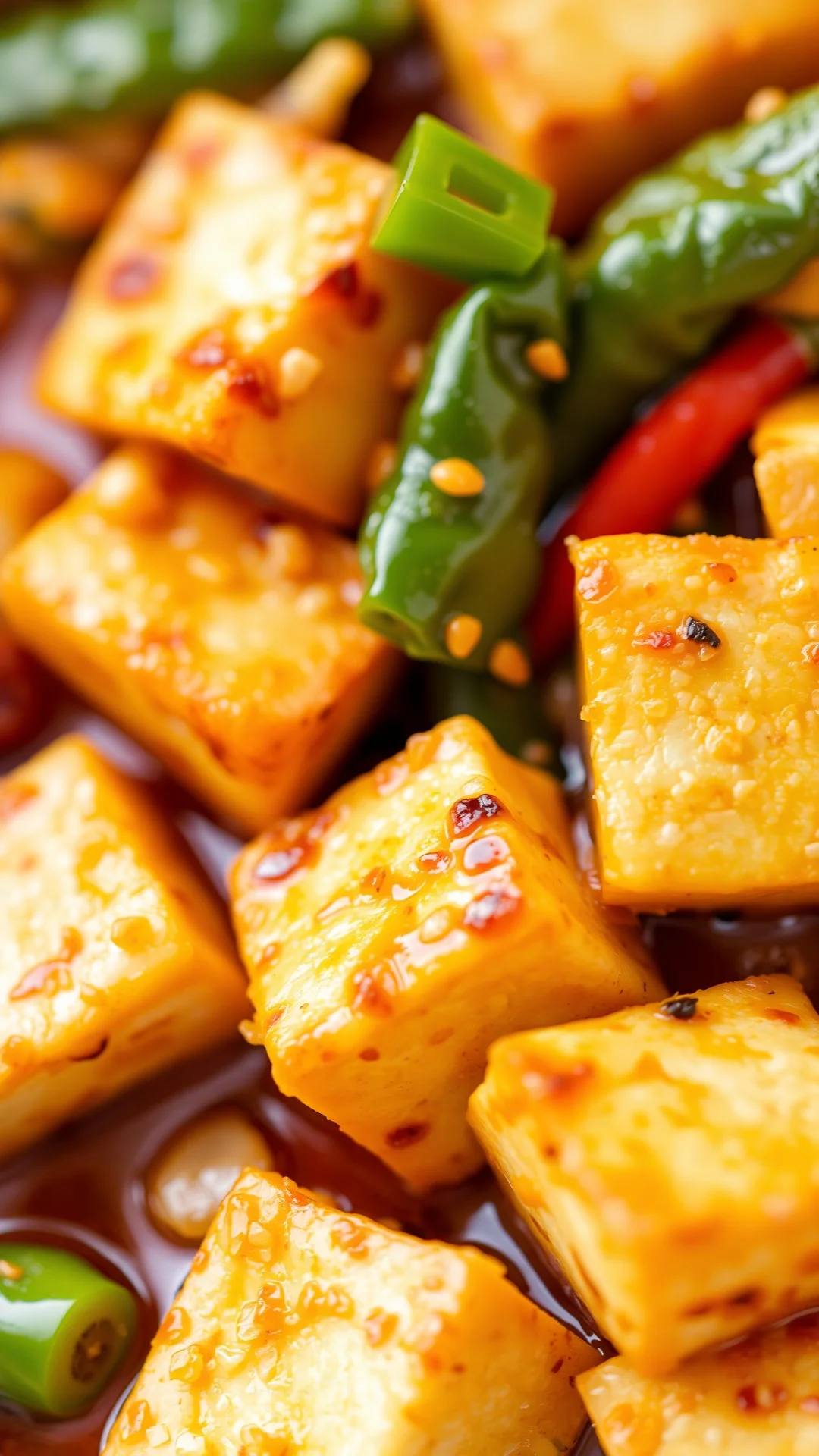 Close-up of crispy golden tofu cubes with ginger, garlic, and fresh vegetables in Asian sauce, detailed food styling, vibrant