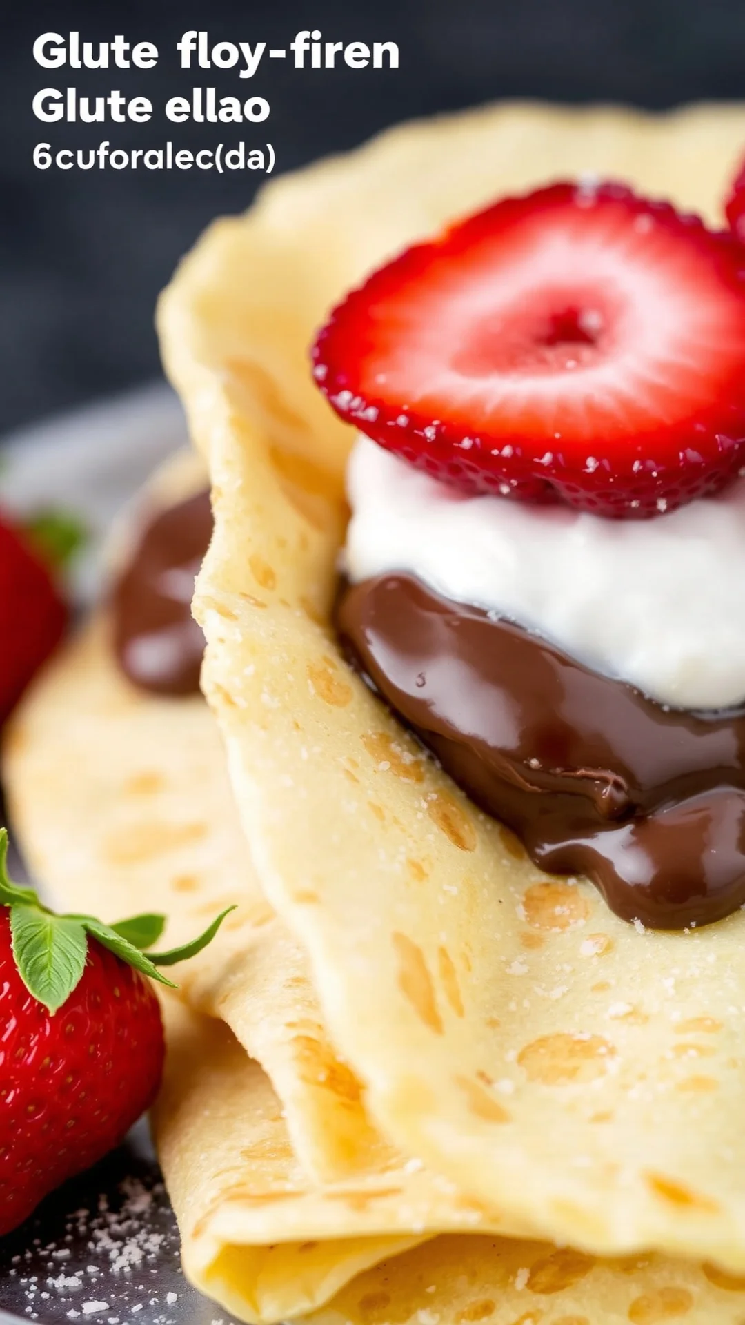 Close-up of fluffy gluten-free crepe with Nutella and strawberries, dripping chocolate, creamy texture detail, food styling