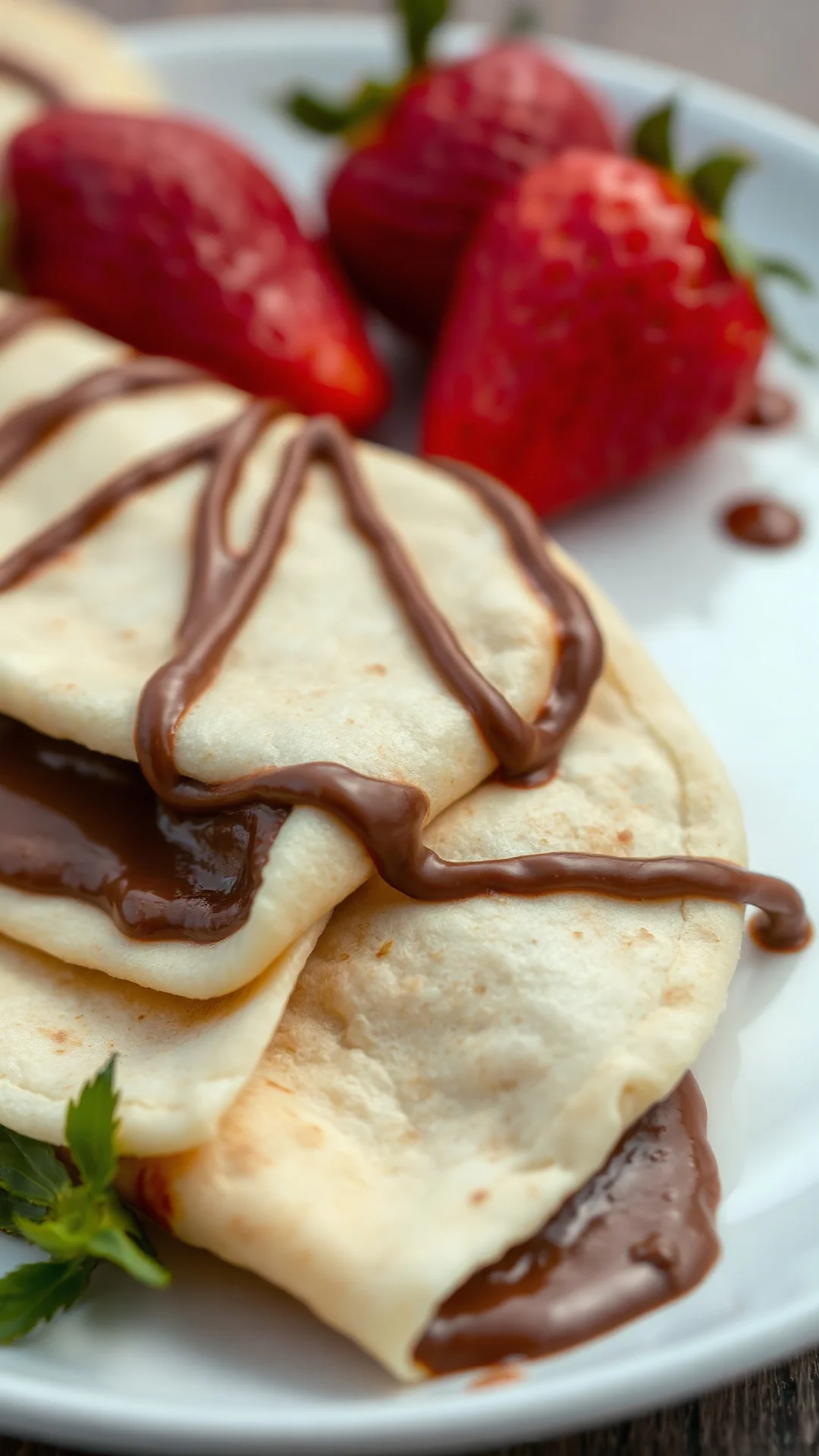 Close-up of folded crepe with Nutella spread, chocolate drizzle, fresh strawberries on plate, macro food shot, 1080x1920