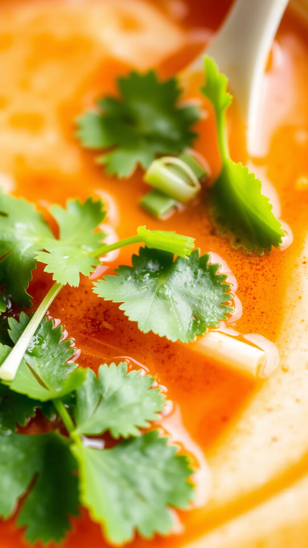 Close-up of fragrant Asian soup with fresh cilantro, basil, and green onions garnish, steam rising, vibrant colors, authentic