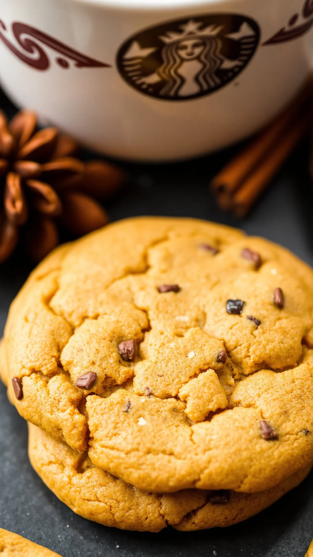 Close-up of freshly baked pumpkin spice latte cookie with coffee cup, golden texture, autumn spices, soft lighting, delicious