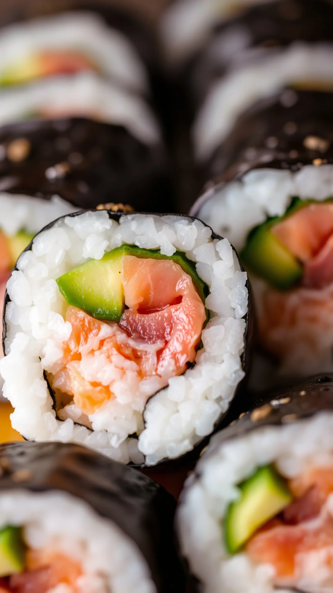 Close-up of freshly cut sushi rolls showing perfectly cooked rice, fresh salmon, avocado and cucumber filling, professional m
