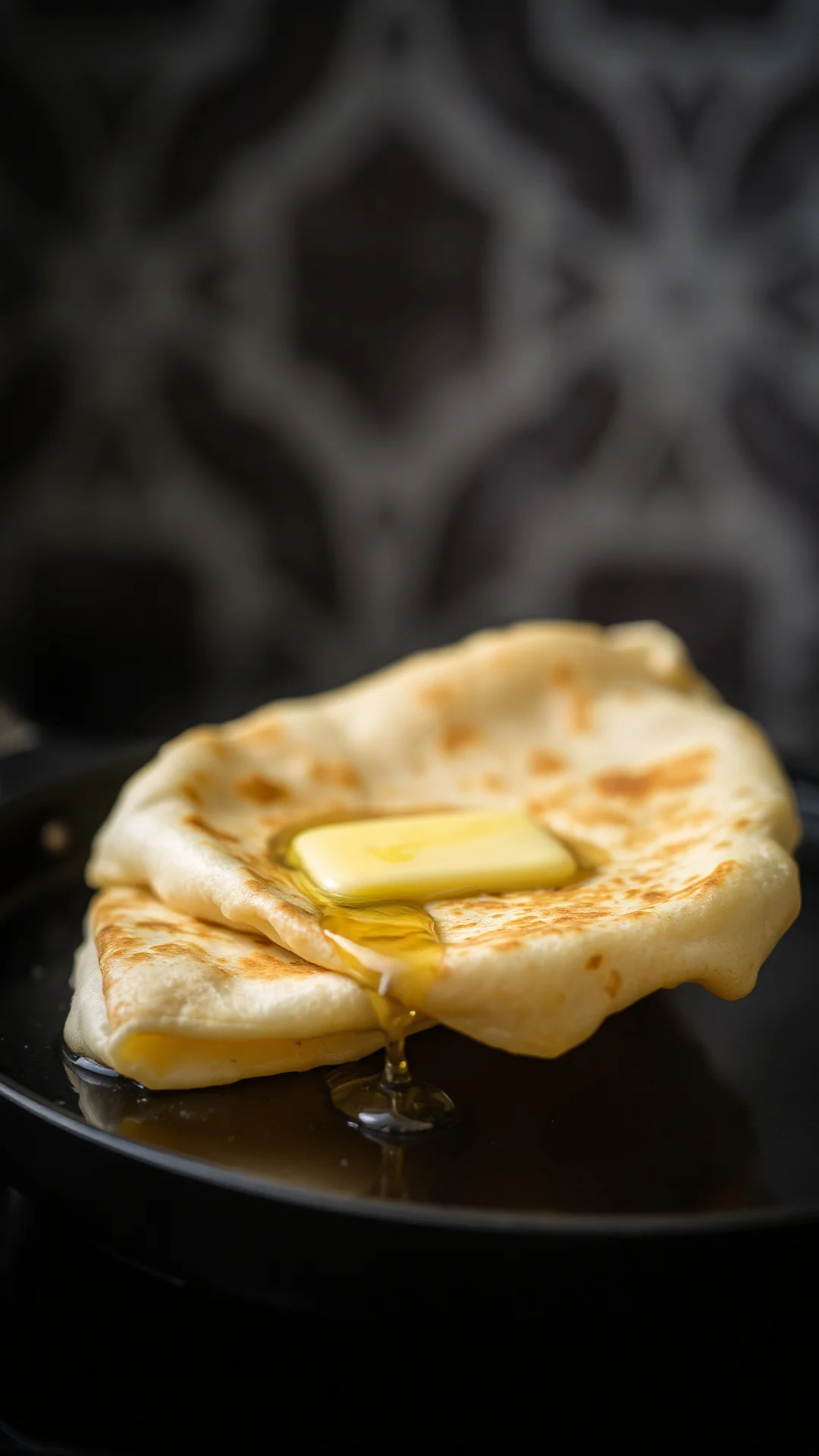 Close-up of freshly made crepe being flipped in pan, melted butter dripping, golden brown texture, kitchen lighting, macro fo