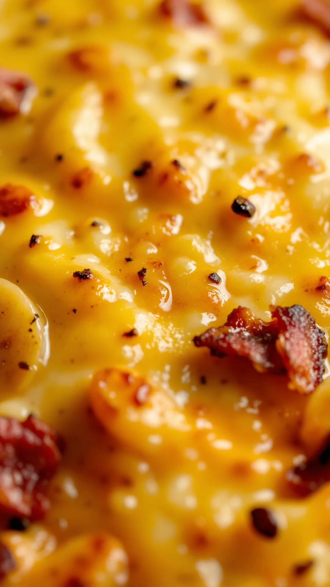 Close-up of golden baked halal tartiflette with melted halal cheese, creamy potatoes, crispy bacon, bubbling hot gratin, food