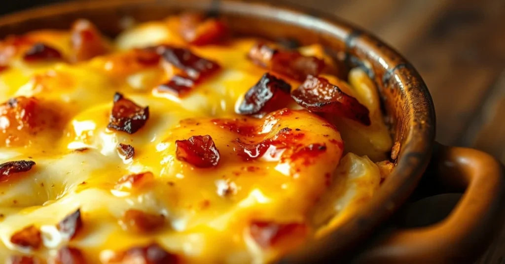 Close-up of golden-baked tartiflette with melted reblochon cheese, crispy top, steaming potatoes and lardons, rustic ceramic