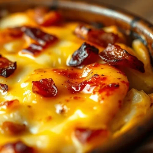 Close-up of golden-baked tartiflette with melted reblochon cheese, crispy top, steaming potatoes and lardons, rustic ceramic