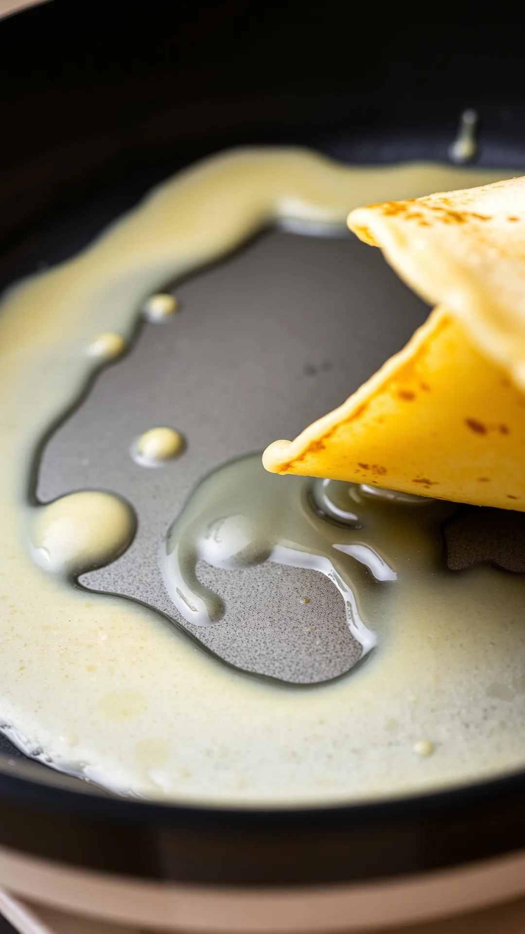 Close-up of golden crepe being flipped in non-stick pan, melted butter sizzling, creamy batter texture, professional food pho