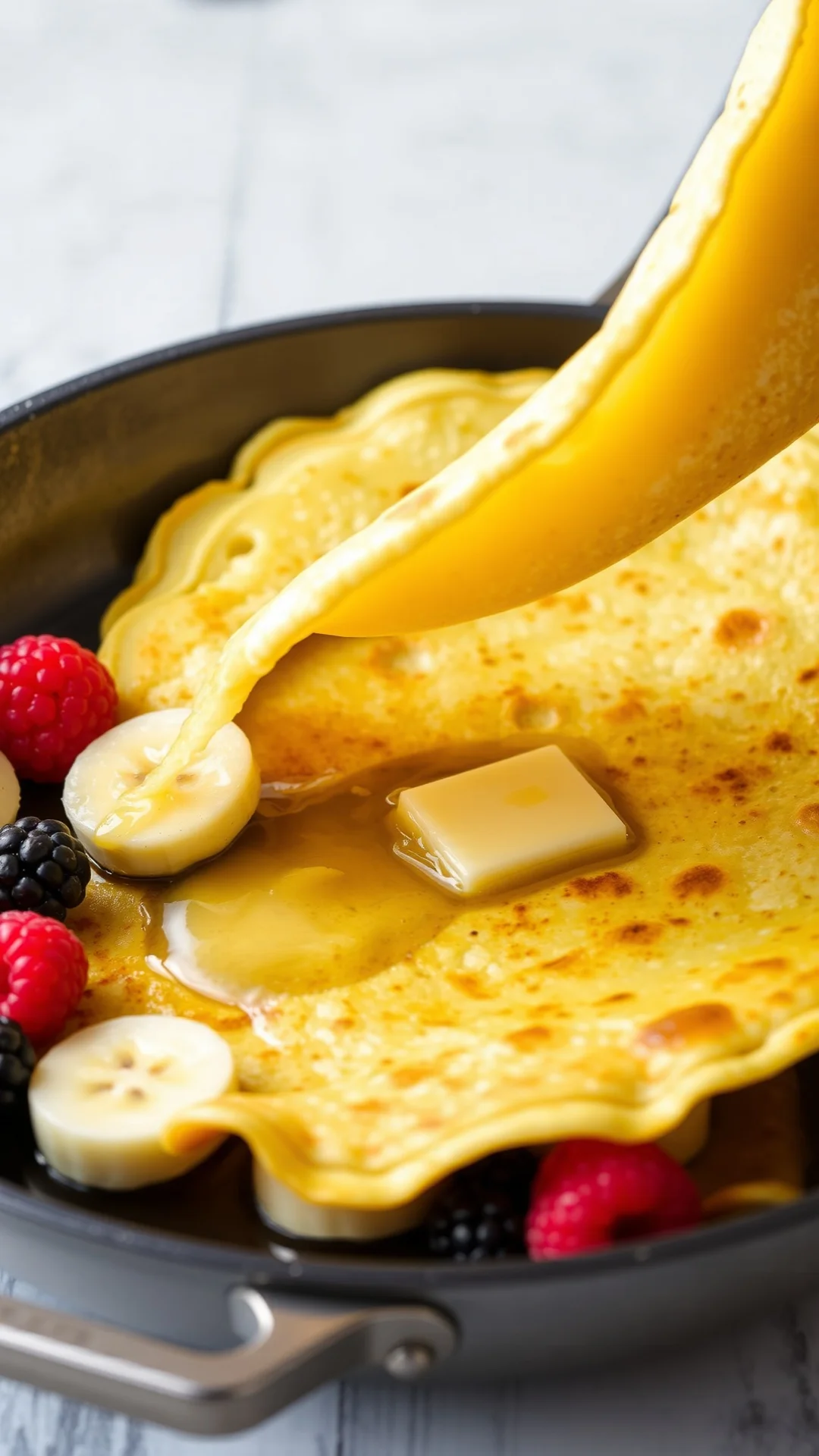 Close-up of golden fluffy crepe being flipped in pan with butter, fresh banana slices and berries visible, professional food