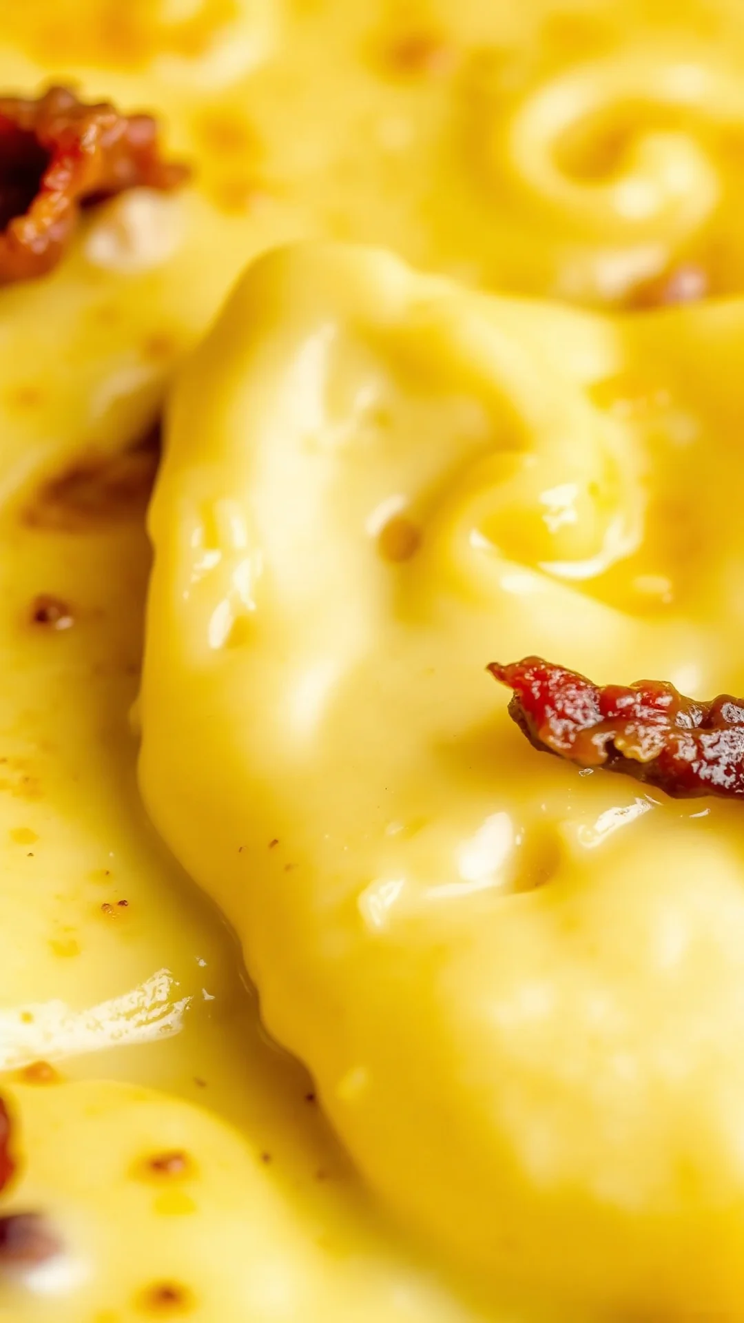 Close-up of golden melted reblochon cheese on tartiflette, with creamy texture, lardons visible, and rich savory aromas, gour