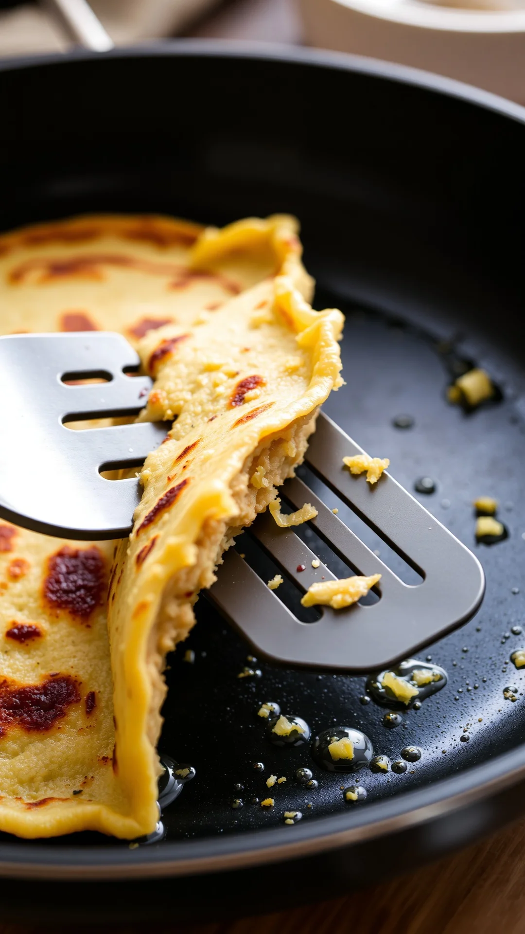 Close-up of golden protein crepe being flipped in non-stick pan with spatula, showing texture and cooking detail, warm kitche