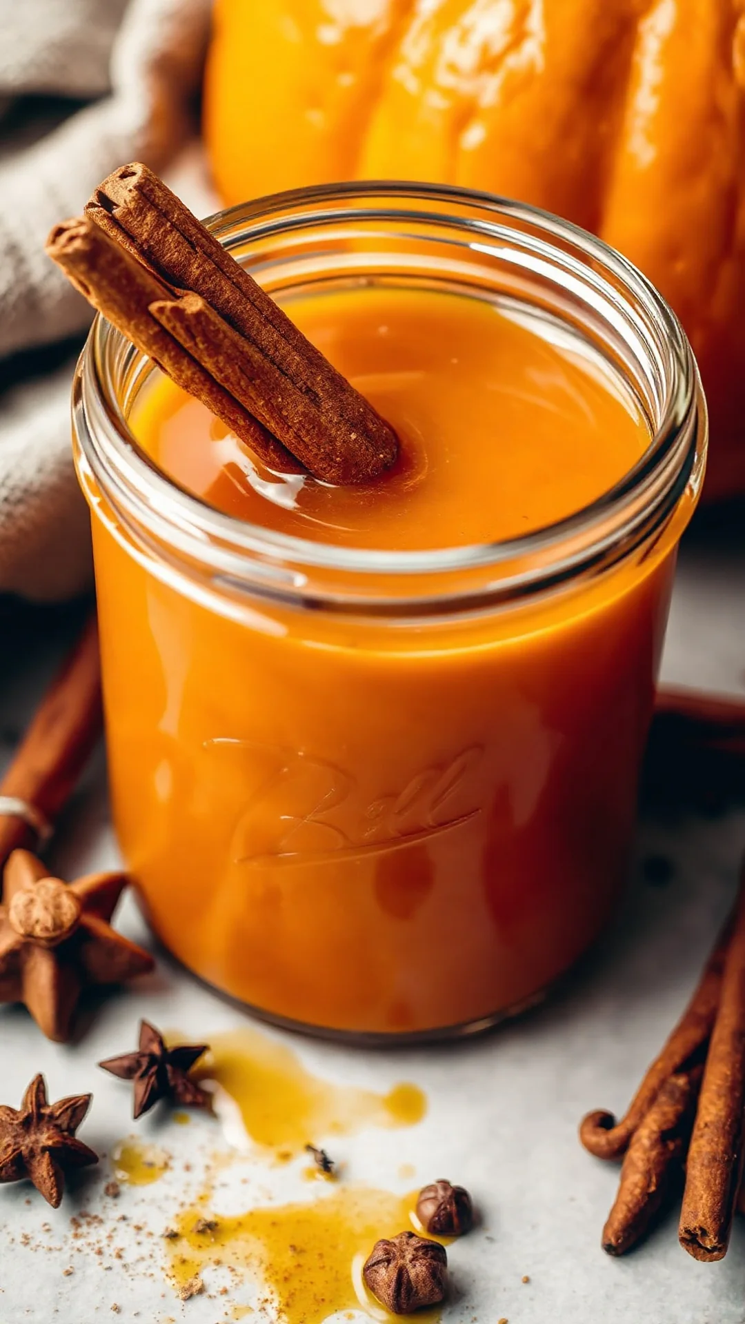 Close-up of homemade pumpkin spice syrup in a glass jar with cinnamon sticks, whole nutmeg, and cloves scattered around, crea
