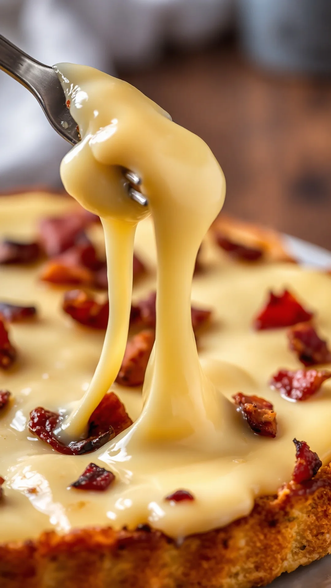 Close-up of melted golden Reblochon cheese stretching from fork on tartiflette tart slice, with creamy potato layers and baco