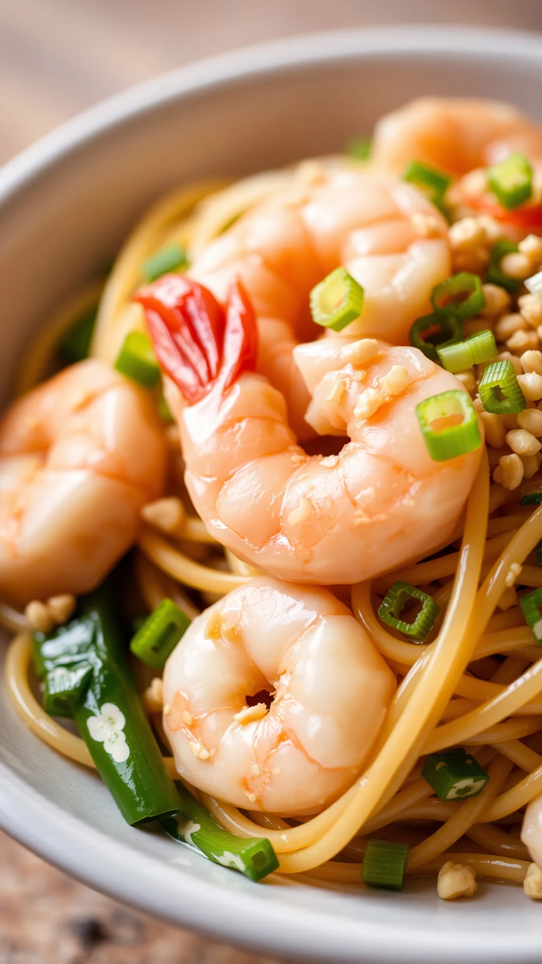 Close-up of pad thai noodles mixed with pink shrimp, crushed peanuts, fresh sprouts, garnished with green onions, shallow dep