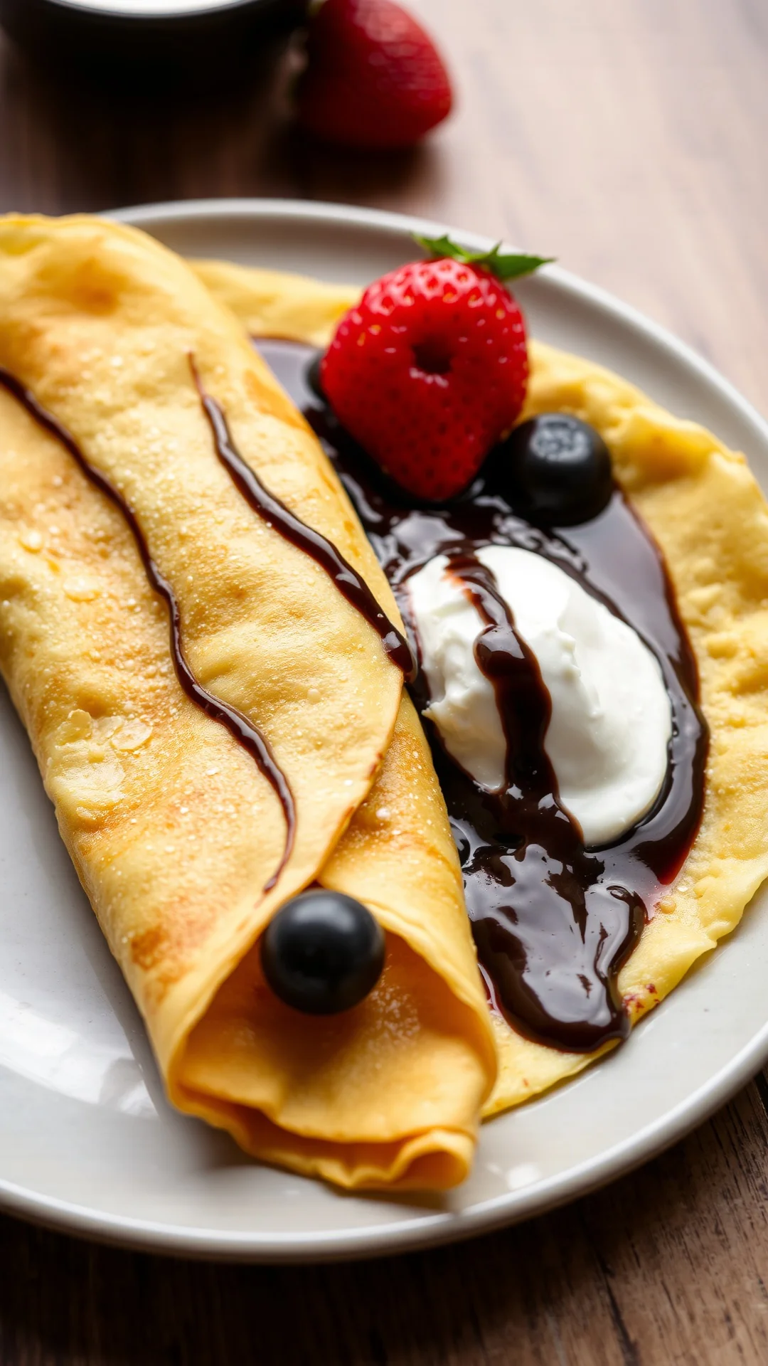 Close-up of perfectly cooked golden vegan crepe folded on plate with fresh berries, chocolate sauce and garnish, food photogr