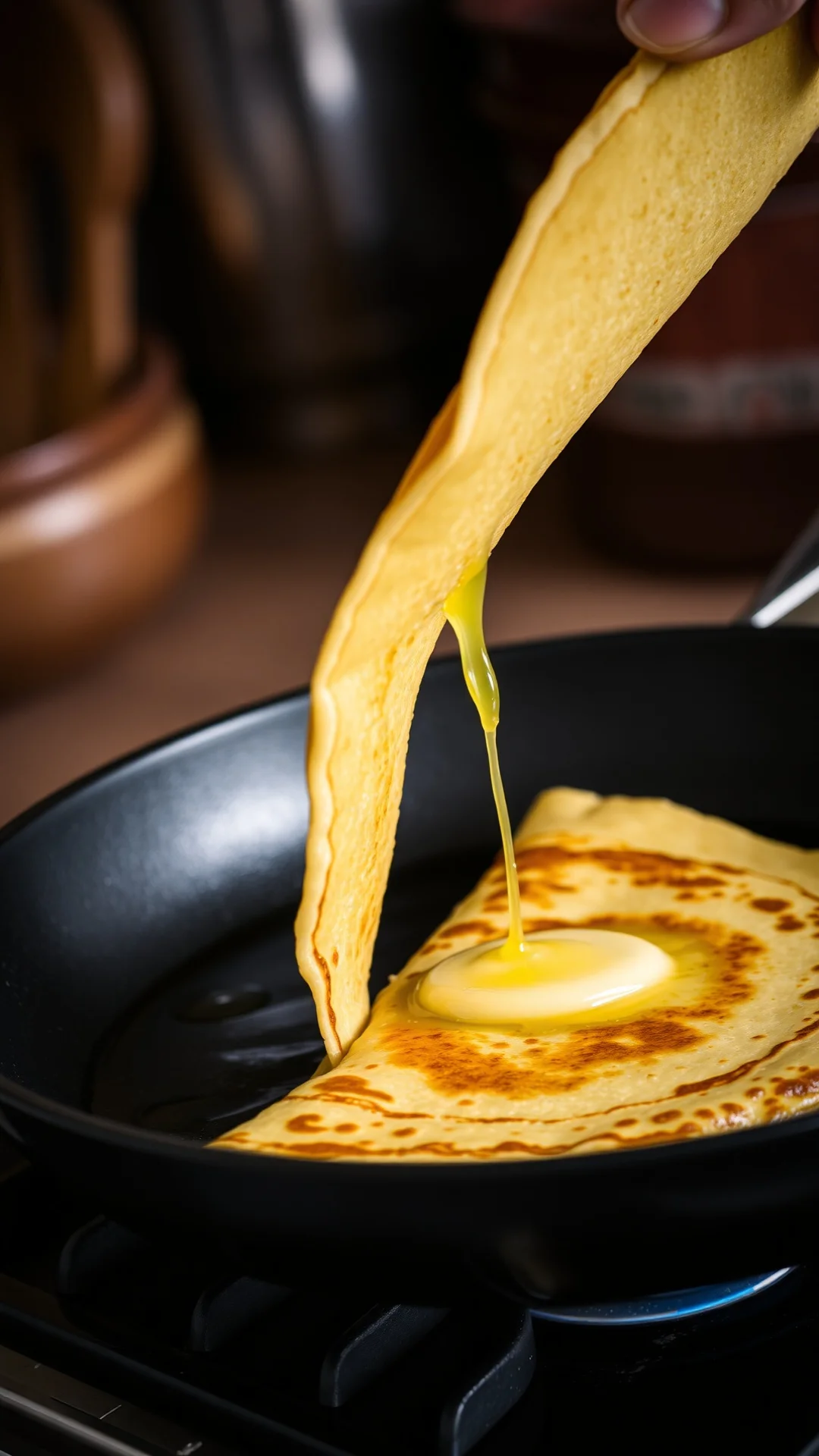 Close-up of perfectly golden crepe flipping in hot pan, melted butter dripping, rustic kitchen, professional food photography