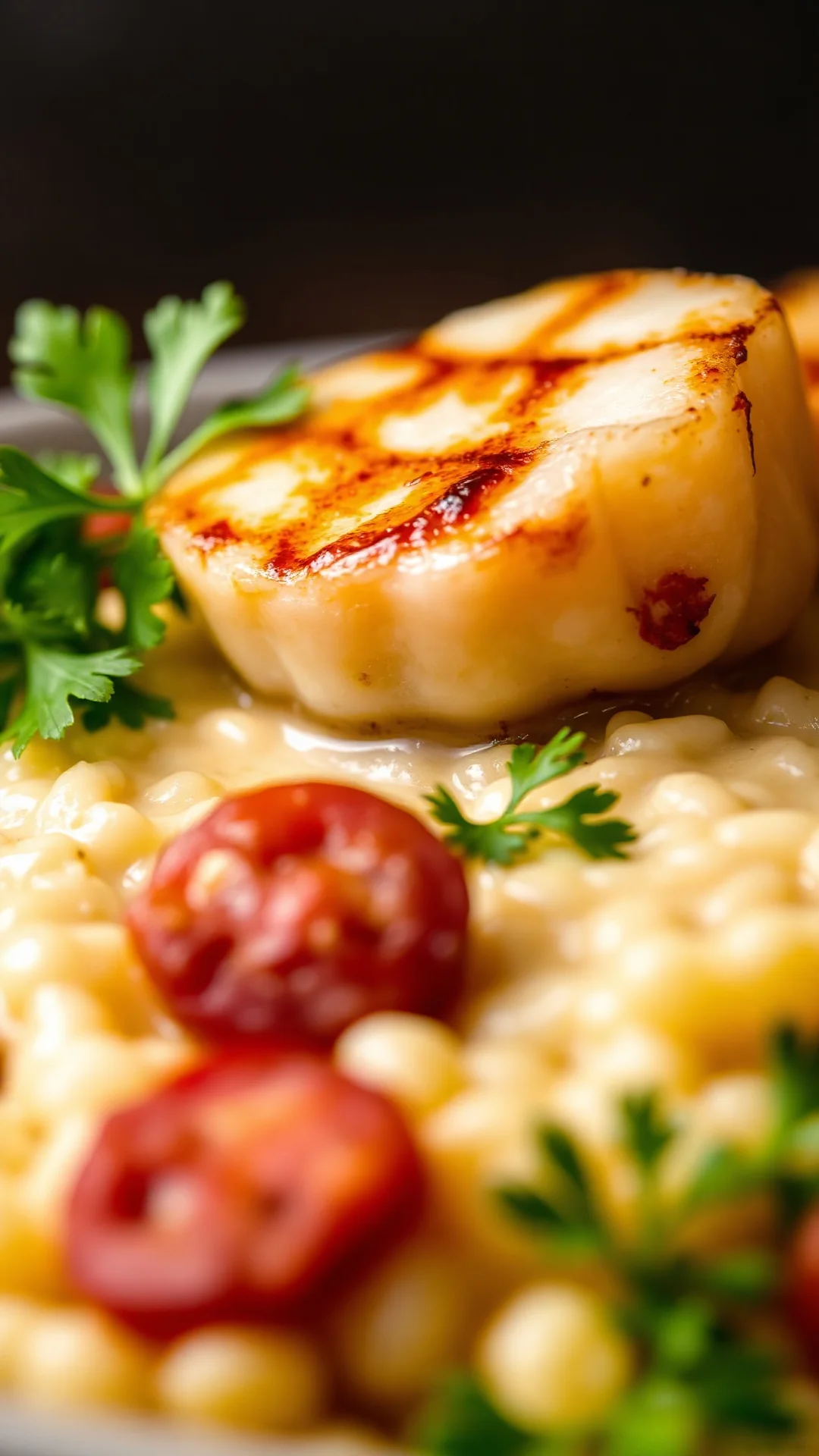Close-up of perfectly seared golden scallop topped on creamy risotto with chorizo pieces and green parsley garnish, shallow d