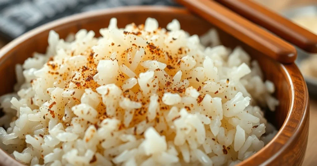 Close-up of perfectly seasoned sushi rice in a wooden bowl, glistening with vinegar coating, with Japanese wooden rice paddle