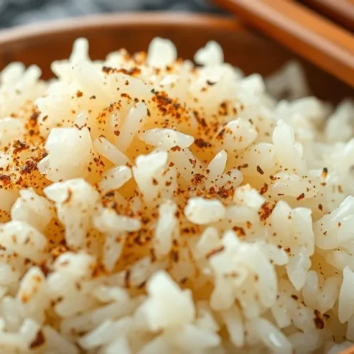 Close-up of perfectly seasoned sushi rice in a wooden bowl, glistening with vinegar coating, with Japanese wooden rice paddle