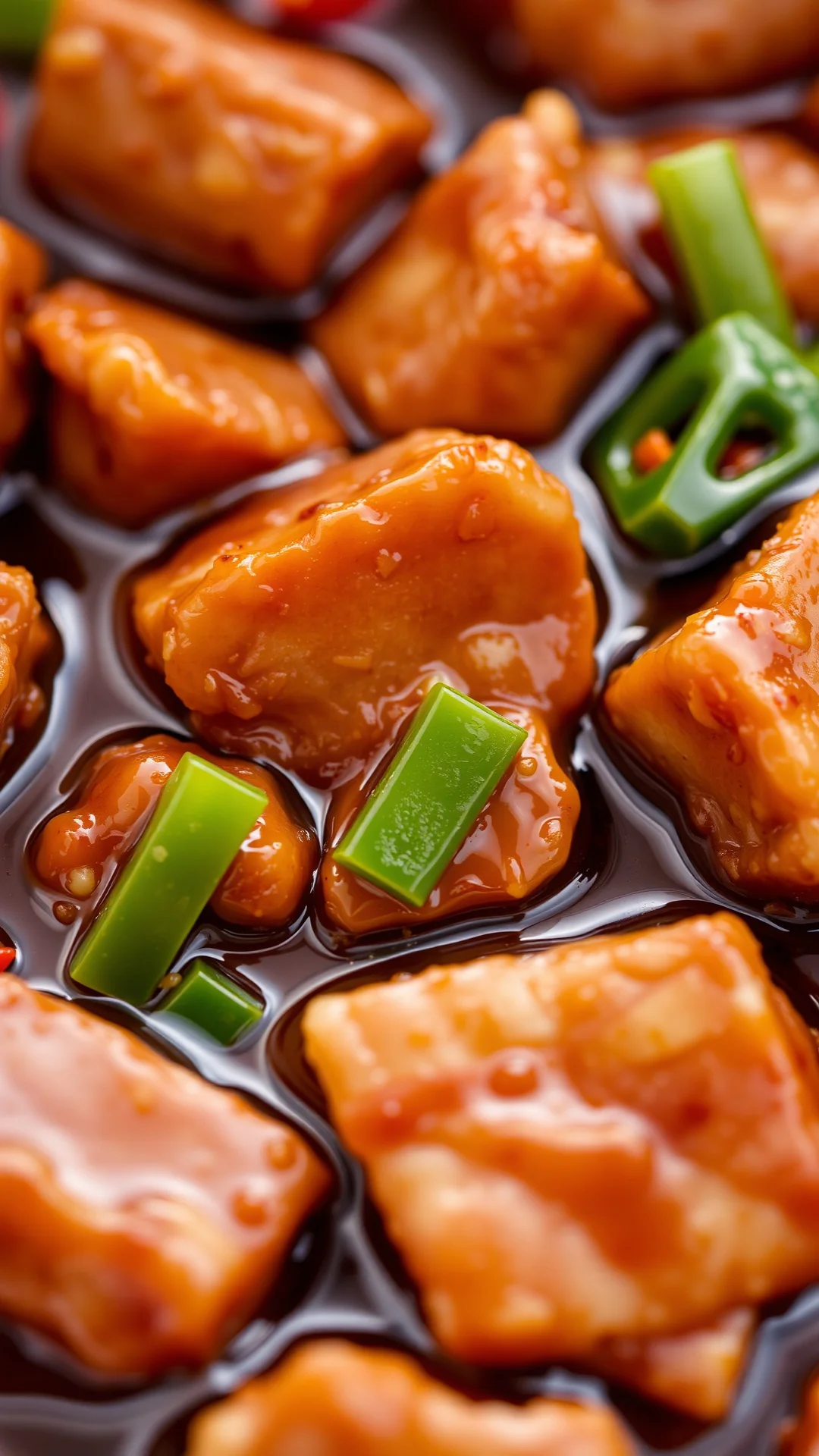 Close-up of tender succulent pork cubes in glossy Asian sauce with fresh ginger, soy sauce and chili, macro food photography