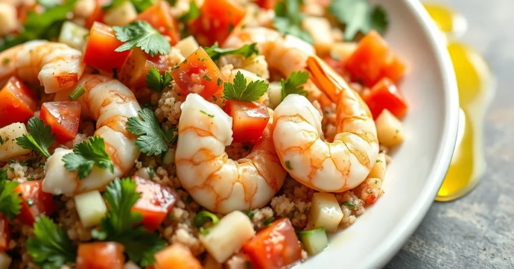 Close-up of vibrant tabbouleh with plump pink shrimp, fresh parsley, mint, diced tomatoes and cucumber on white plate, golden