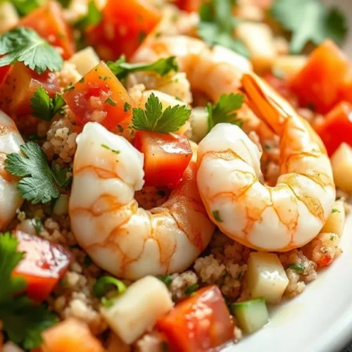 Close-up of vibrant tabbouleh with plump pink shrimp, fresh parsley, mint, diced tomatoes and cucumber on white plate, golden