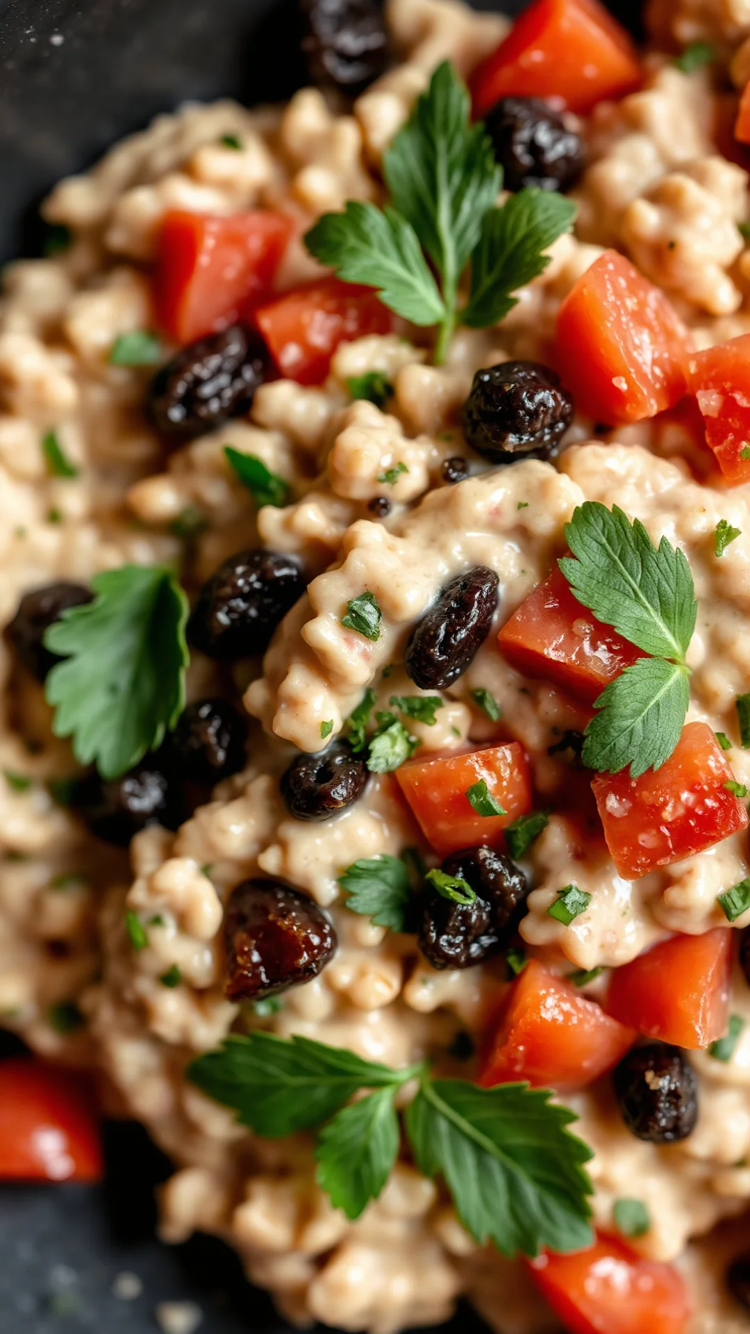 Close-up overhead of creamy tabbouleh with raisins, fresh mint leaves, chopped parsley, diced tomatoes, vibrant colors, food