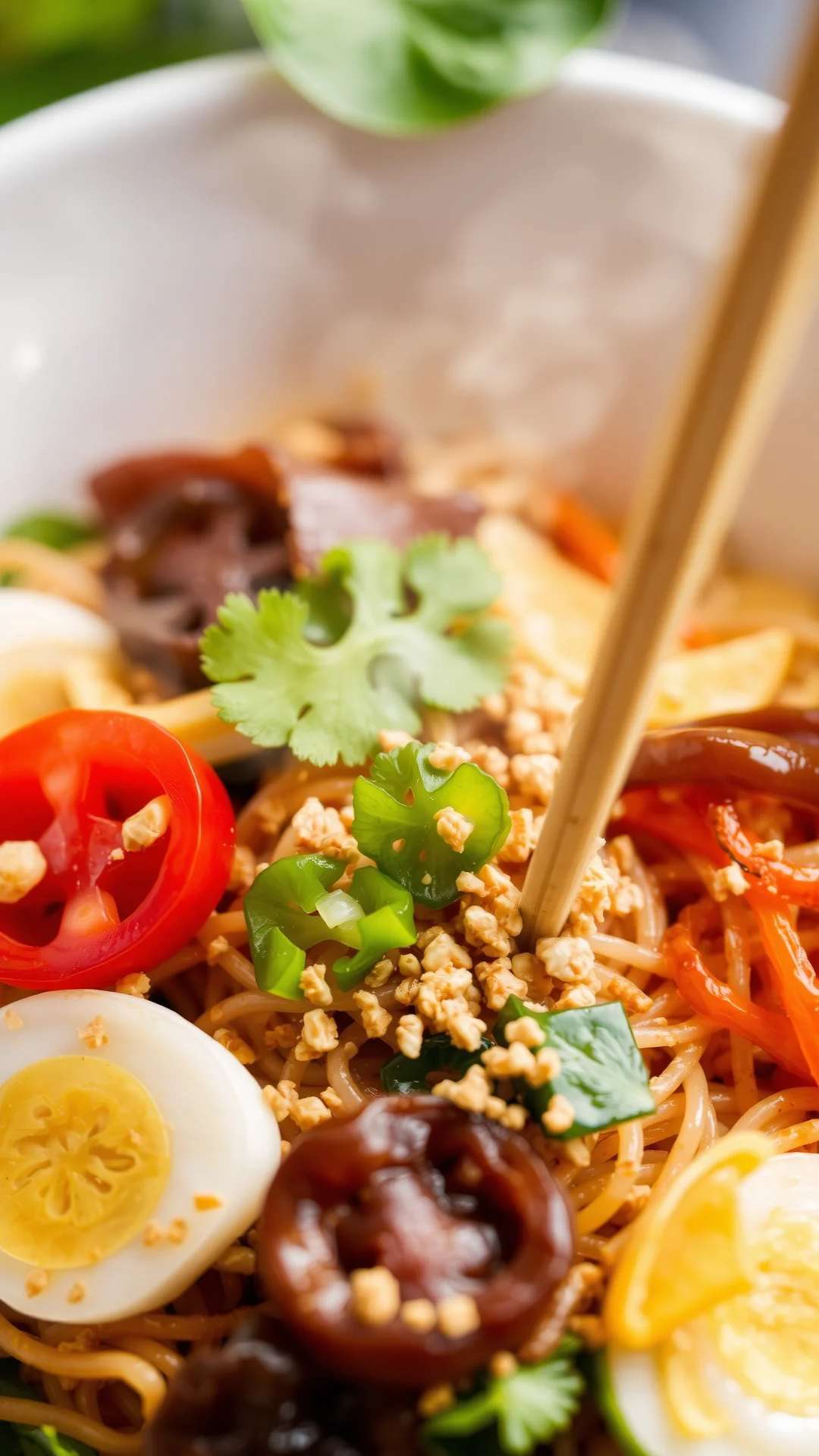 Close-up overhead of pad thai vegetarian with rice noodles, fresh vegetables, crushed peanuts, vibrant colors, authentic Thai