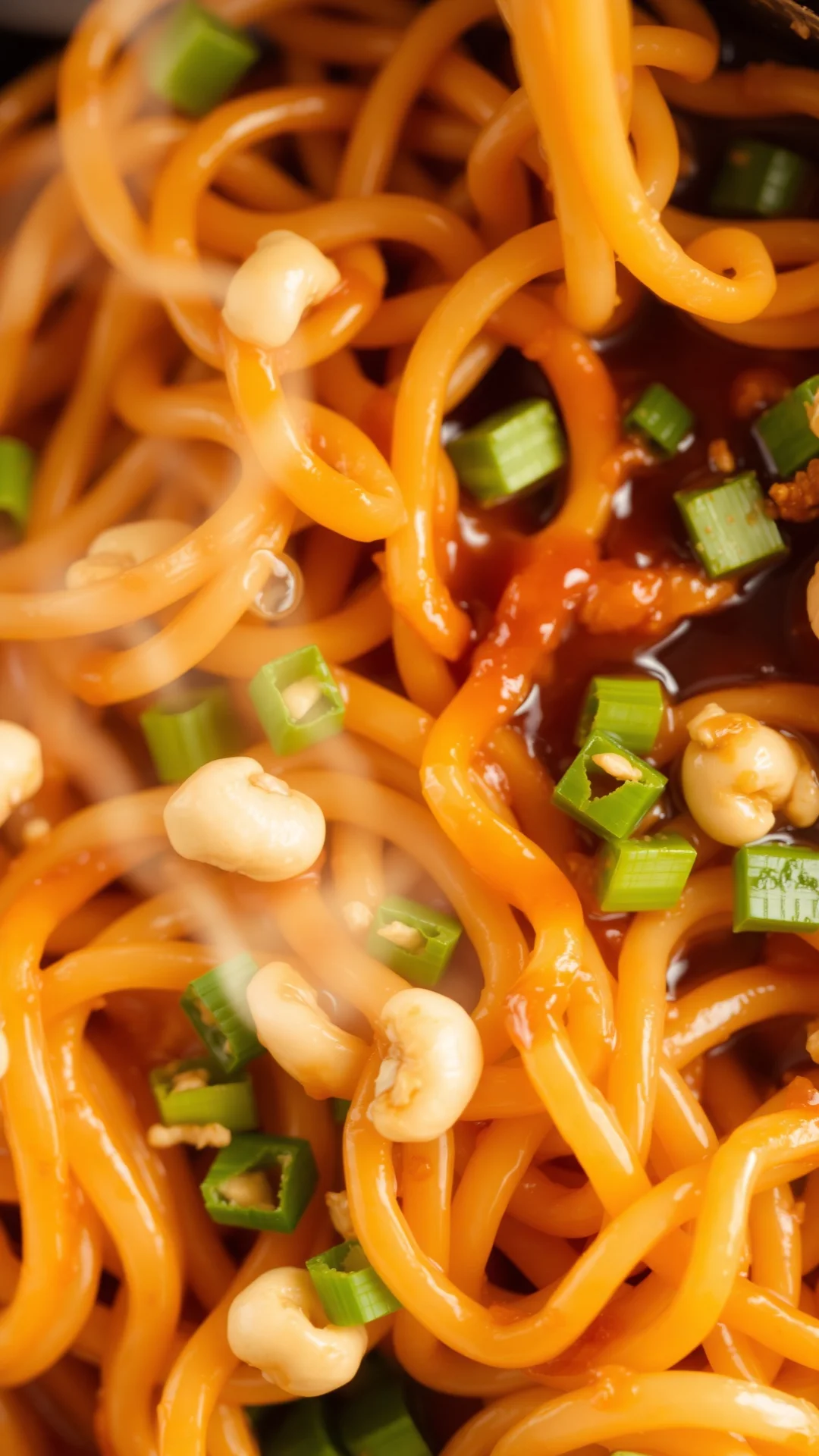 Close-up overhead shot of Asian noodle stir-fry with golden crispy edges, scattered cashews and green onions, rich sauce coat