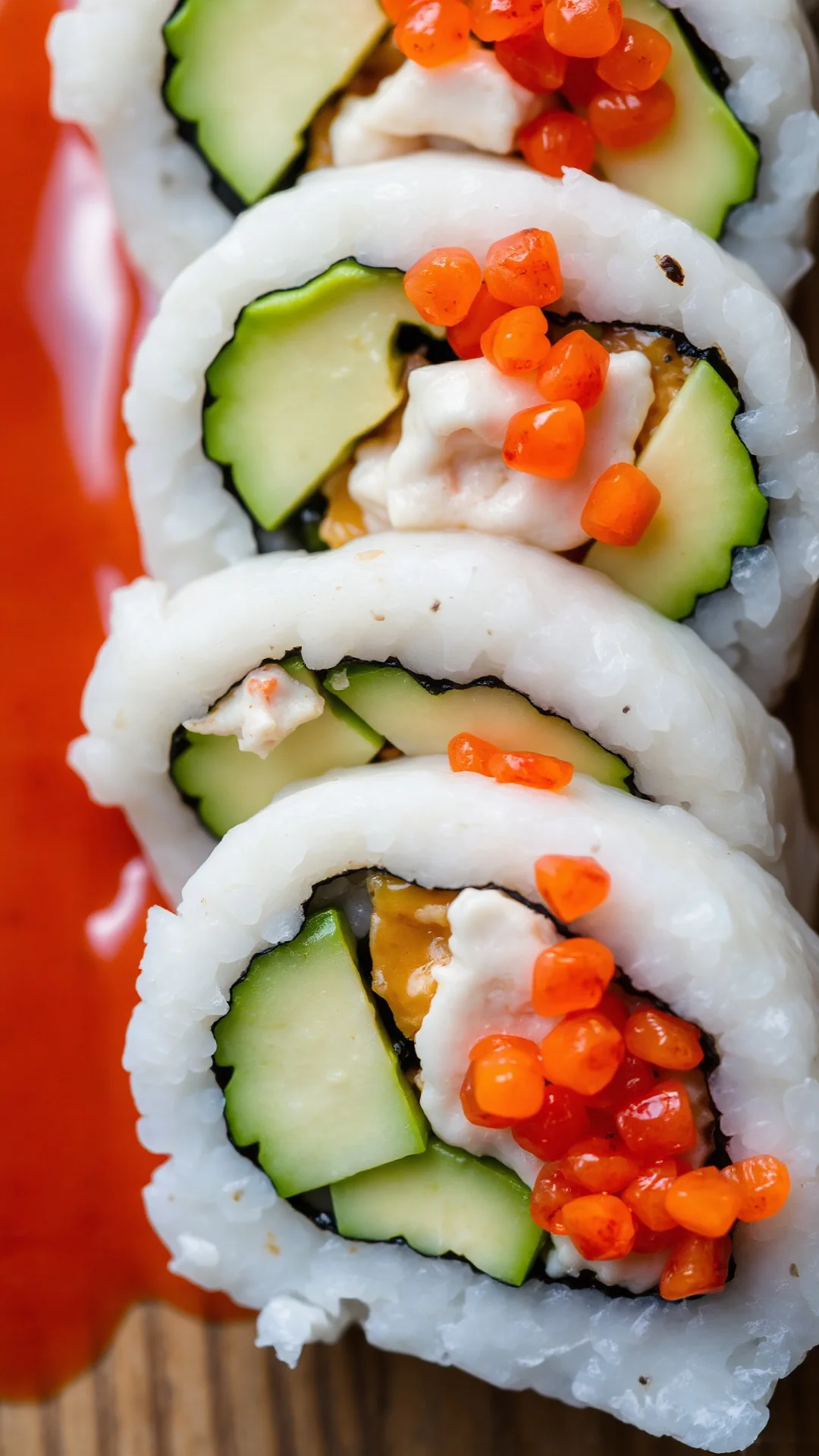 Close-up overhead shot of California sushi roll with avocado, crab, cucumber, topped with salmon roe, vibrant colors, fresh i