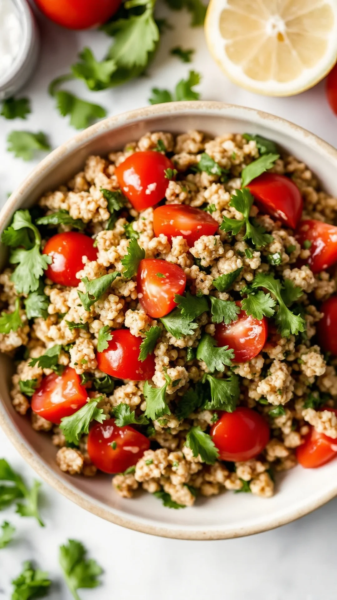 Close-up overhead shot of classic tabbouleh salad with fresh parsley, bulgur, tomatoes, and lemon dressing in ceramic bowl, b
