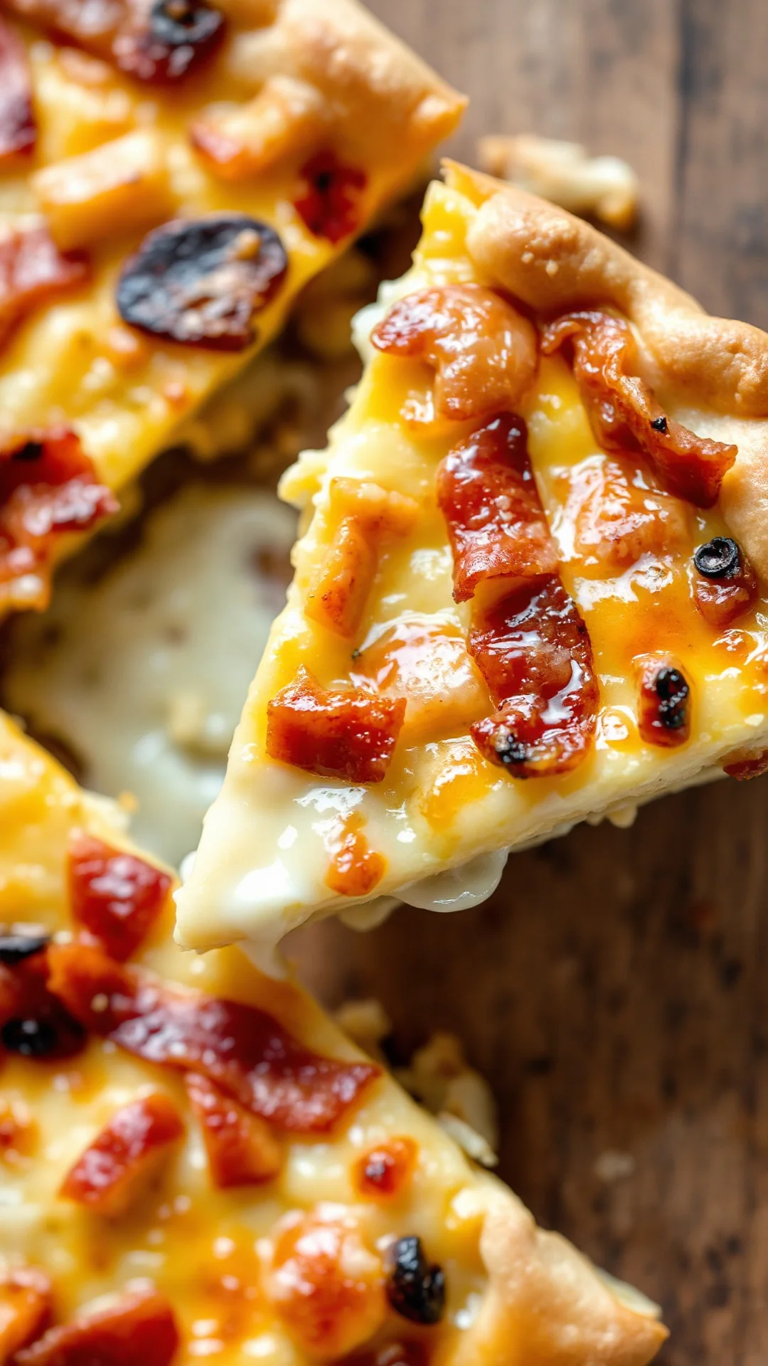Close-up overhead shot of creamy quiche tartiflette slice with melting reblochon cheese, golden crust, crispy bacon and tende