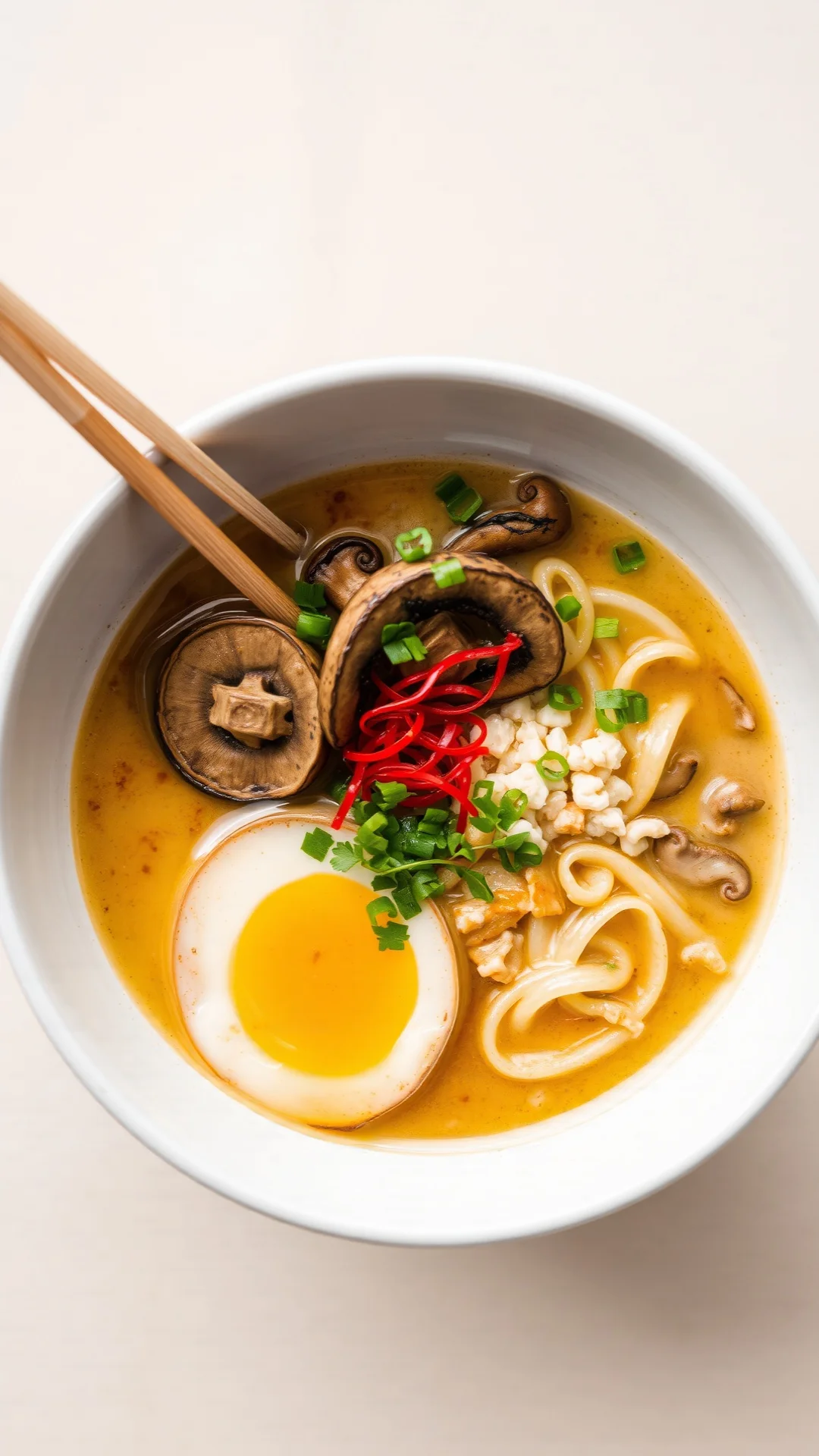 Close-up overhead shot of creamy ramen broth with perfectly cooked egg yolk, tender noodles, mushrooms, and vibrant toppings