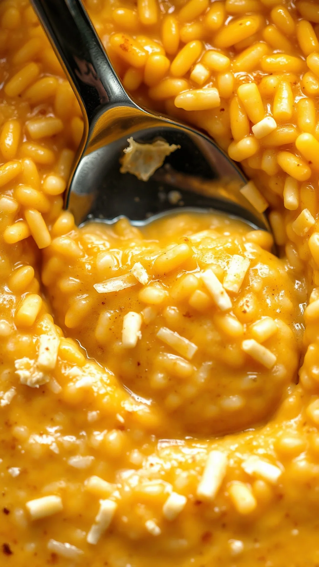 Close-up overhead shot of creamy risotto texture with spoon stirring, Parmesan flakes falling, steam rising, warm golden ligh