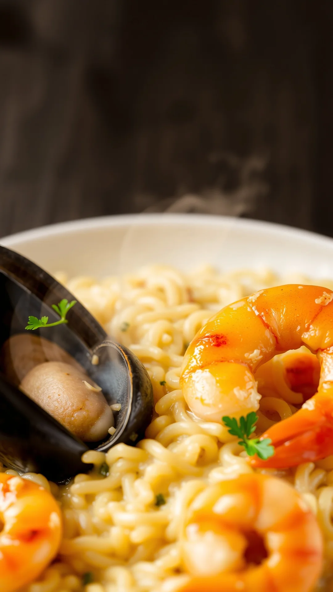 Close-up overhead shot of creamy risotto with fresh seafood, steam rising, golden shrimp and mussels visible, professional cu