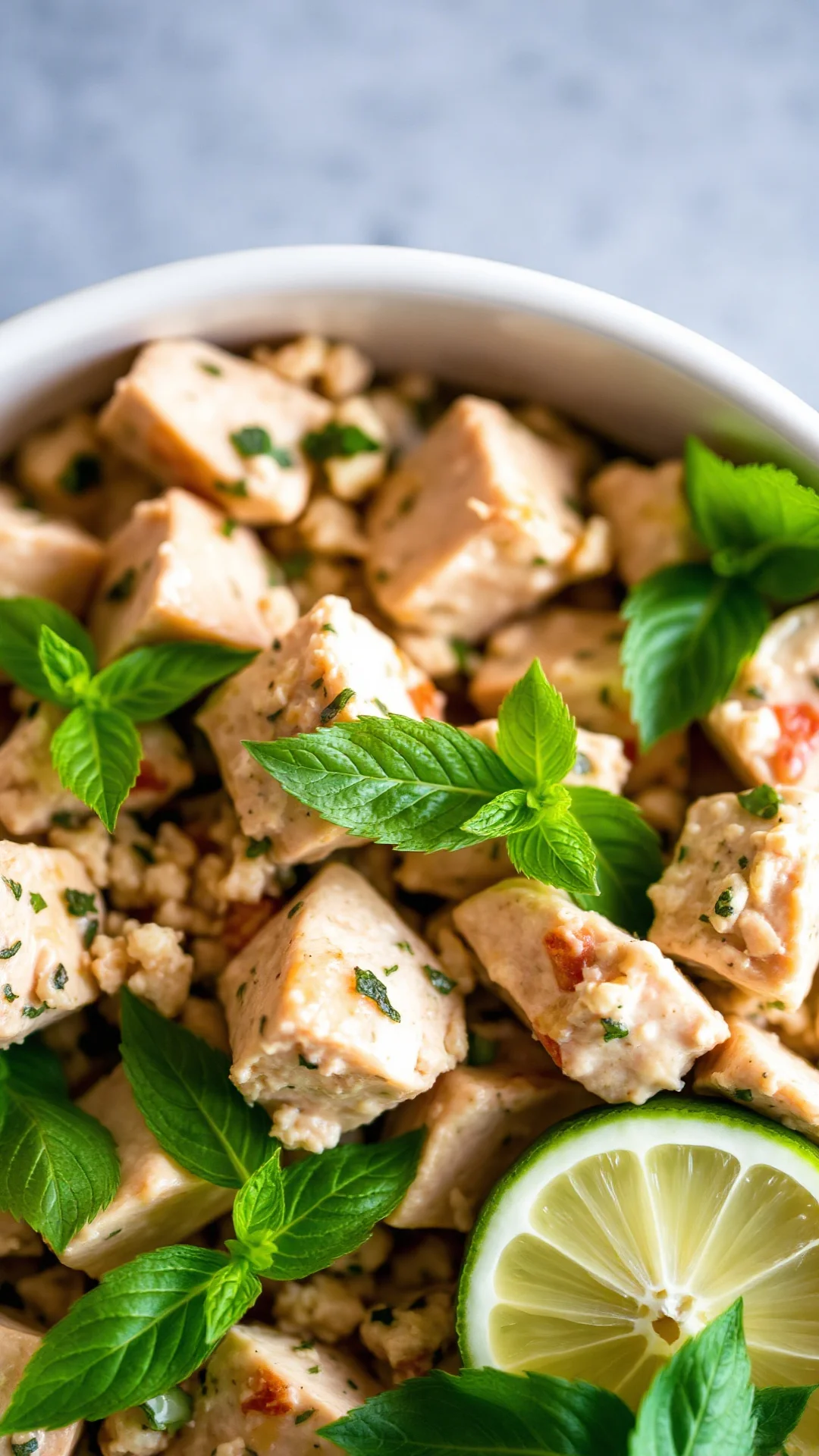 Close-up overhead shot of creamy tabbouleh salad with tender chicken pieces, fresh mint leaves, and lemon juice glistening, M