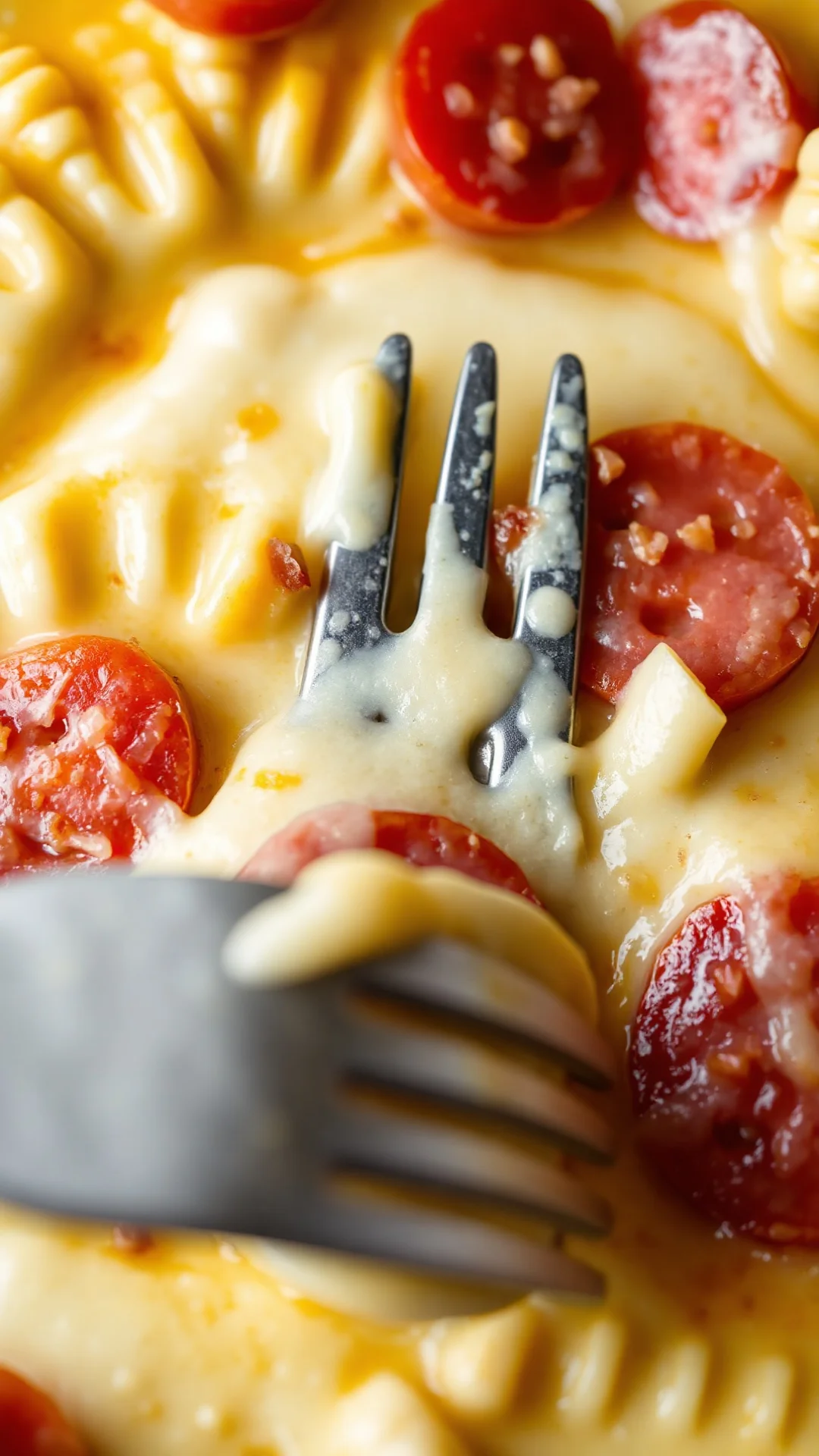 Close-up overhead shot of creamy tartiflette with red chorizo slices visible, melted golden reblochon cheese, fork in frame,