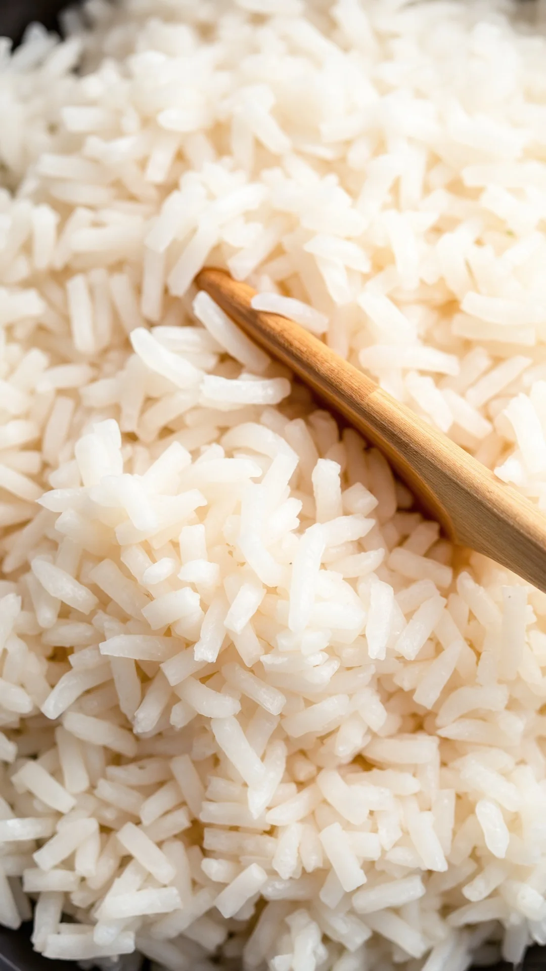 Close-up overhead shot of fluffy prepared sushi rice being mixed with wooden spatula, steam rising, professional macro food p