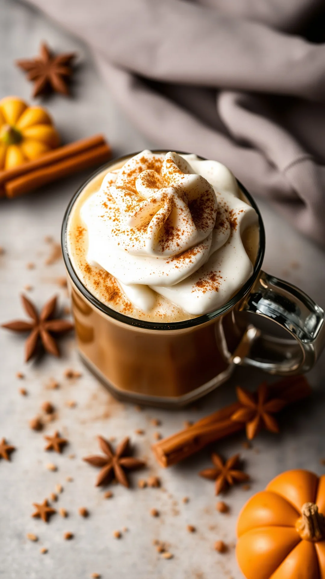 Close-up overhead shot of keto pumpkin spice latte with thick whipped cream topping and cinnamon dust, autumn spices scattere