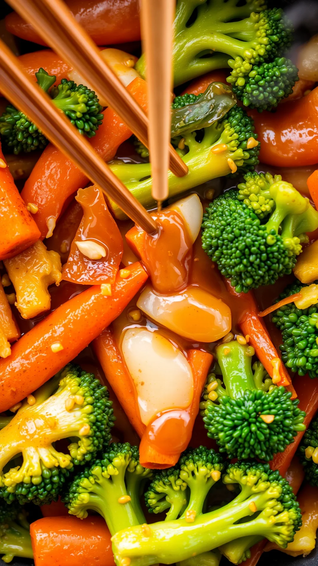 Close-up overhead shot of sautéed Asian vegetables with ginger, garlic, carrots, broccoli, drizzle of sesame oil, chopsticks