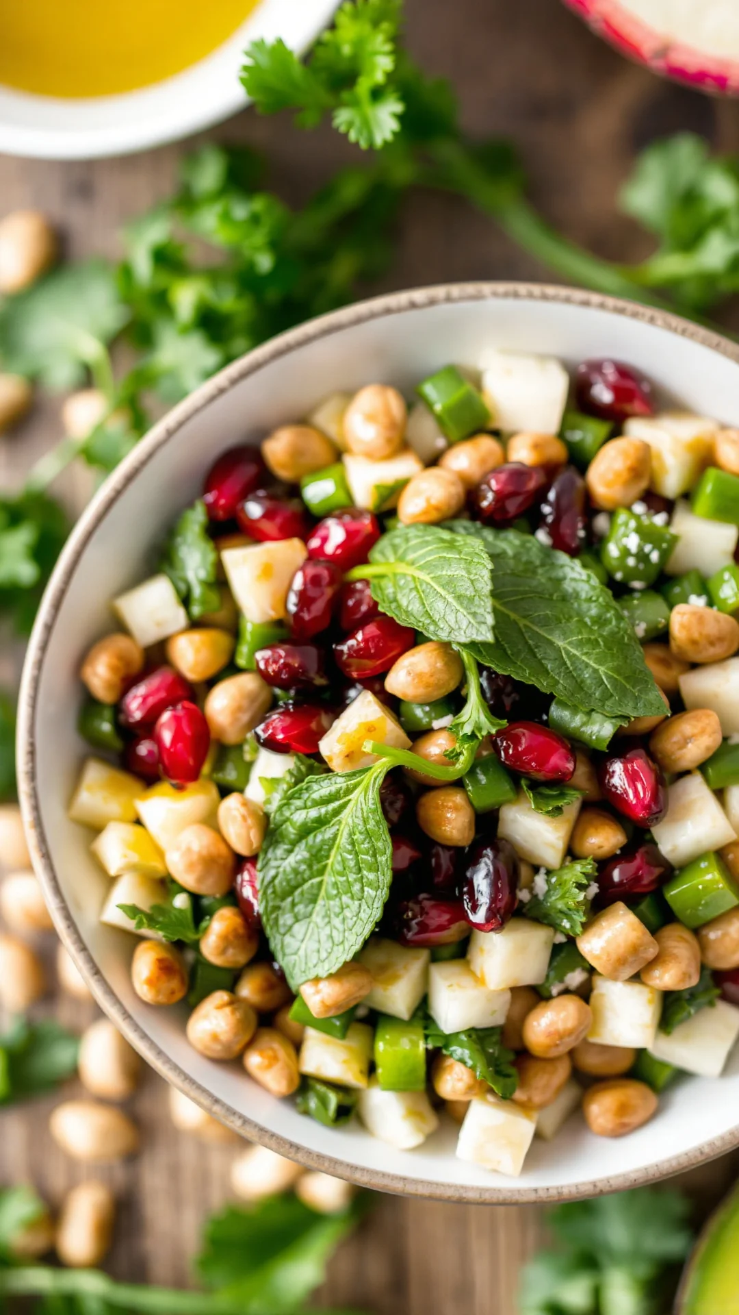 Close-up overhead shot of tabbouleh salad bowl showing fresh mint leaves, pomegranate arils, toasted pine nuts, vibrant green