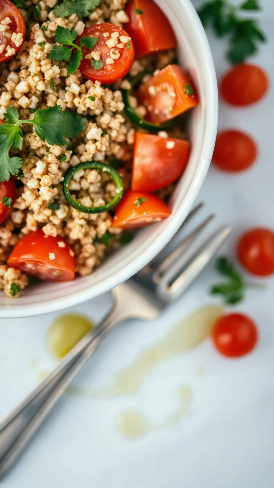 Close-up overhead shot of traditional Lebanese tabbouleh, fresh herbs, bulgur grains, tomato pieces, olive oil drizzle, vibra