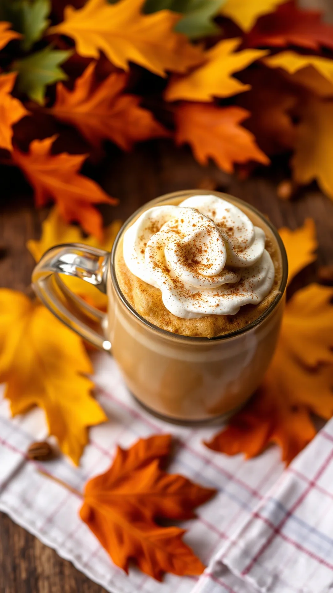 Close-up overhead view creamy Pumpkin Spice Latte topped whipped cream cinnamon dusting autumn leaves background warm golden