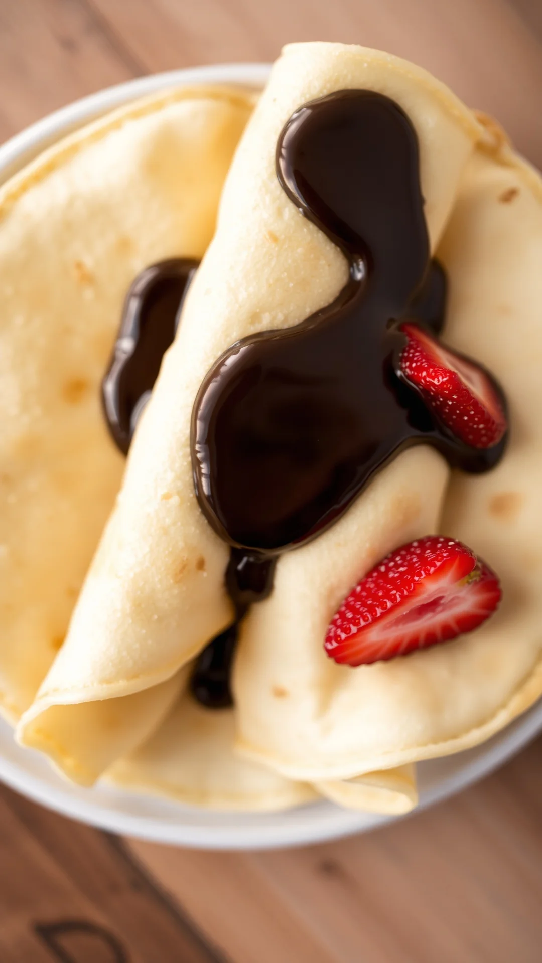Close-up overhead view fluffy crepes pancakes with melted chocolate sauce and strawberries, shallow depth of field, golden af