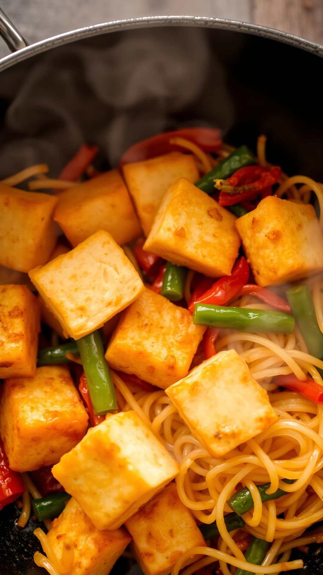 Close-up overhead view golden crispy tofu cubes in wok with stir-fried colorful vegetables and rice noodles, steam rising, fo