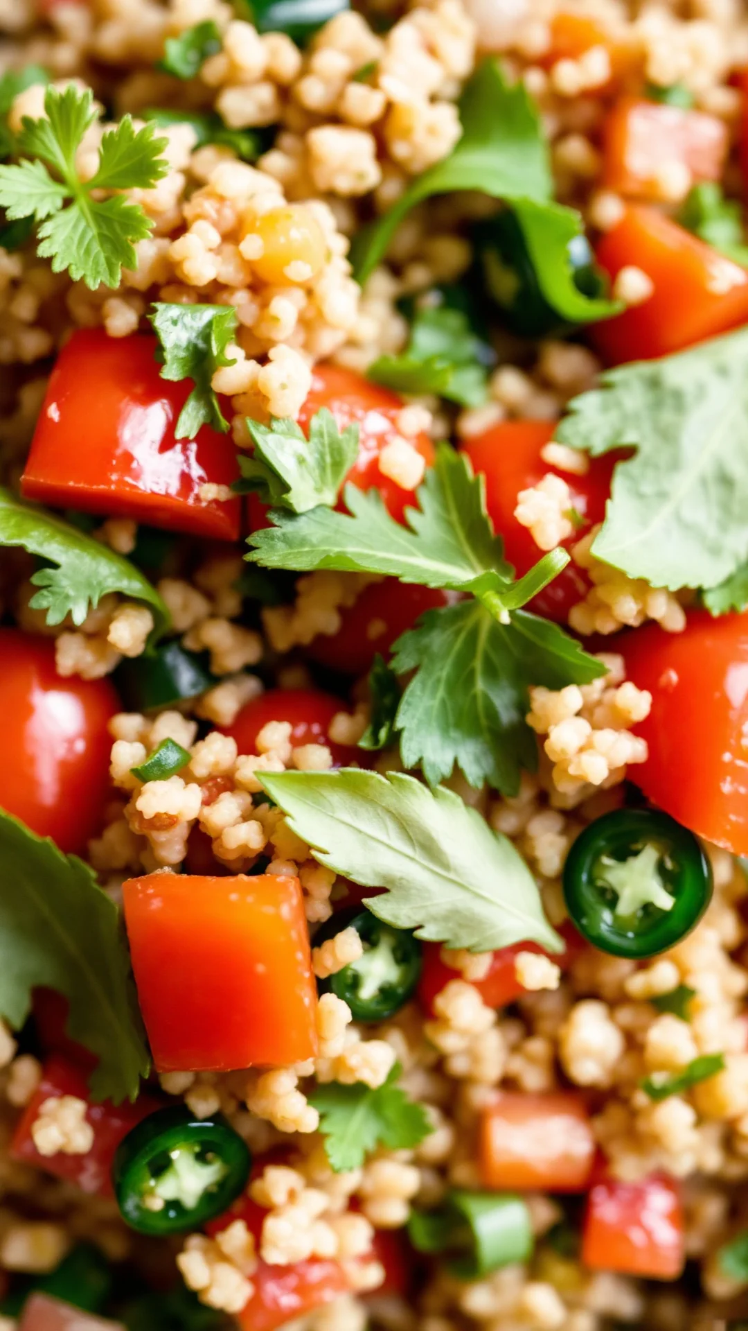 Close-up overhead view of authentic tabbouleh with fresh green parsley, red tomatoes, mint leaves and bulgur mixed together,