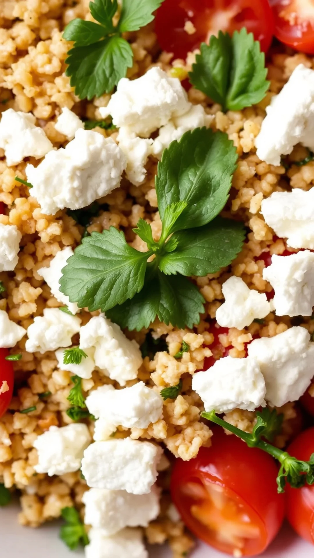 Close-up overhead view of creamy feta cheese crumbles mixed with bulgur wheat, fresh parsley, mint, and juicy tomatoes in a w
