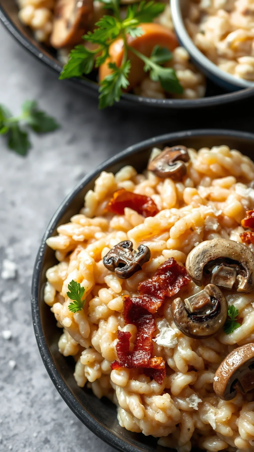 Close-up overhead view of creamy mushroom risotto with crispy bacon pieces, sautéed mushrooms, fresh parmesan, vibrant natur