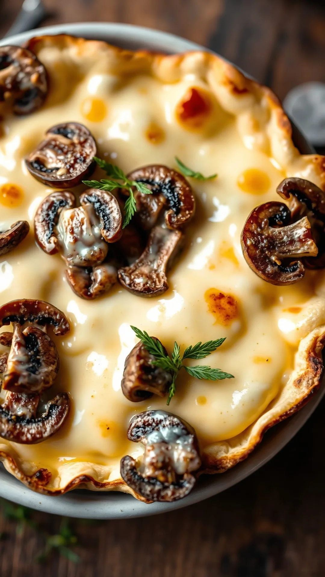 Close-up overhead view of creamy tartiflette with mushrooms, melted raclette cheese, golden crust, steam rising, rustic plati